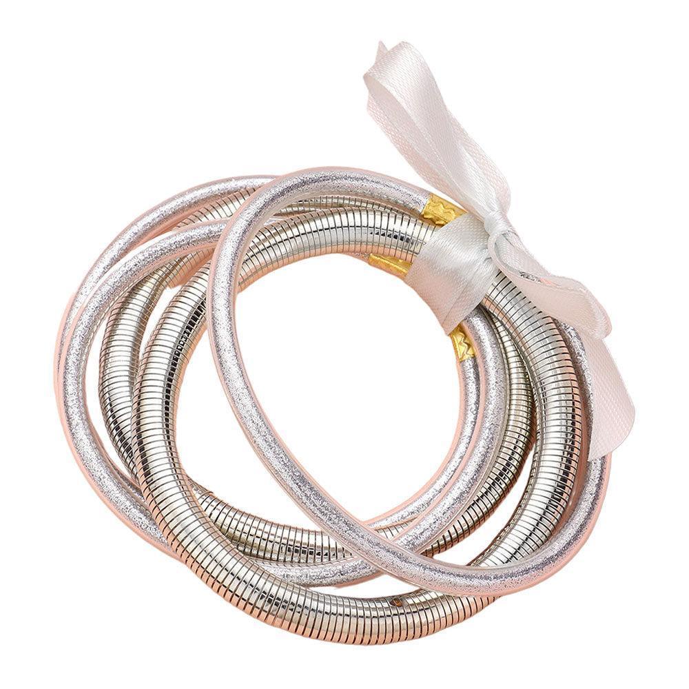 Silver 5PCS Glitter Jelly Tube Metal Elastic Layered Bracelets - Jewelry Store by Erik Rayo
