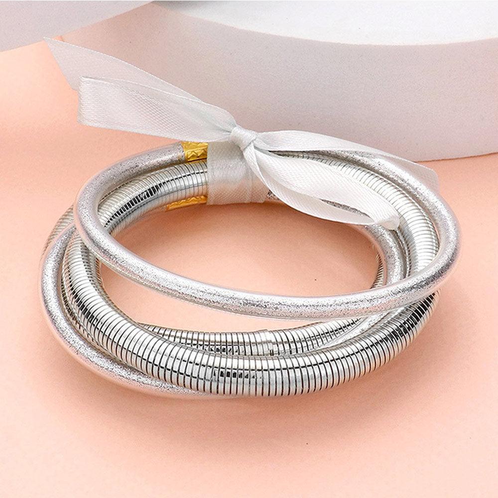 Silver 5PCS Glitter Jelly Tube Metal Elastic Layered Bracelets - Jewelry Store by Erik Rayo