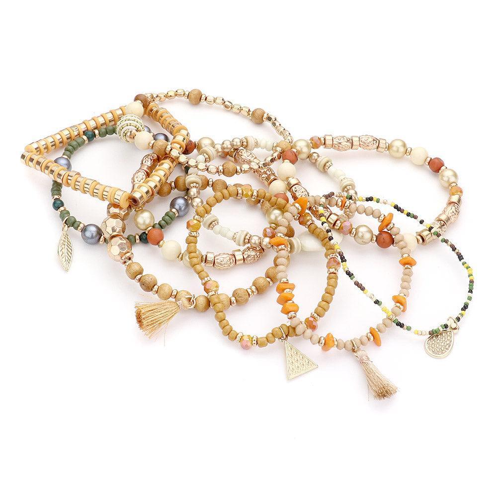 Brown 10PCS Metal Leaf Tassel Charm Beaded Stretch Bracelets - Jewelry Store by Erik Rayo
