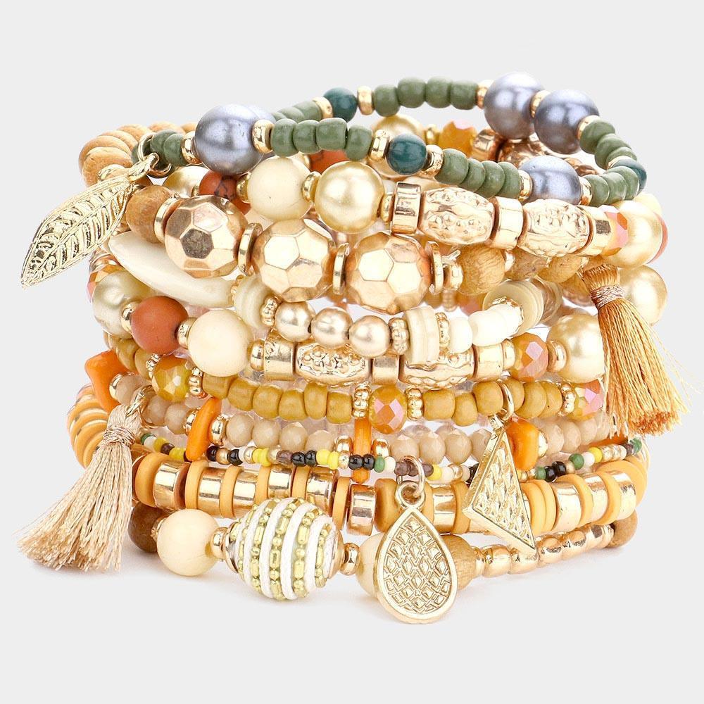 Brown 10PCS Metal Leaf Tassel Charm Beaded Stretch Bracelets - Jewelry Store by Erik Rayo