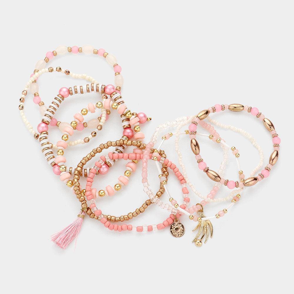 Pink 10PCS - Glass Seed Heishi Beaded Tassel Charm Stretch Layered Bracelets - Jewelry Store by Erik Rayo