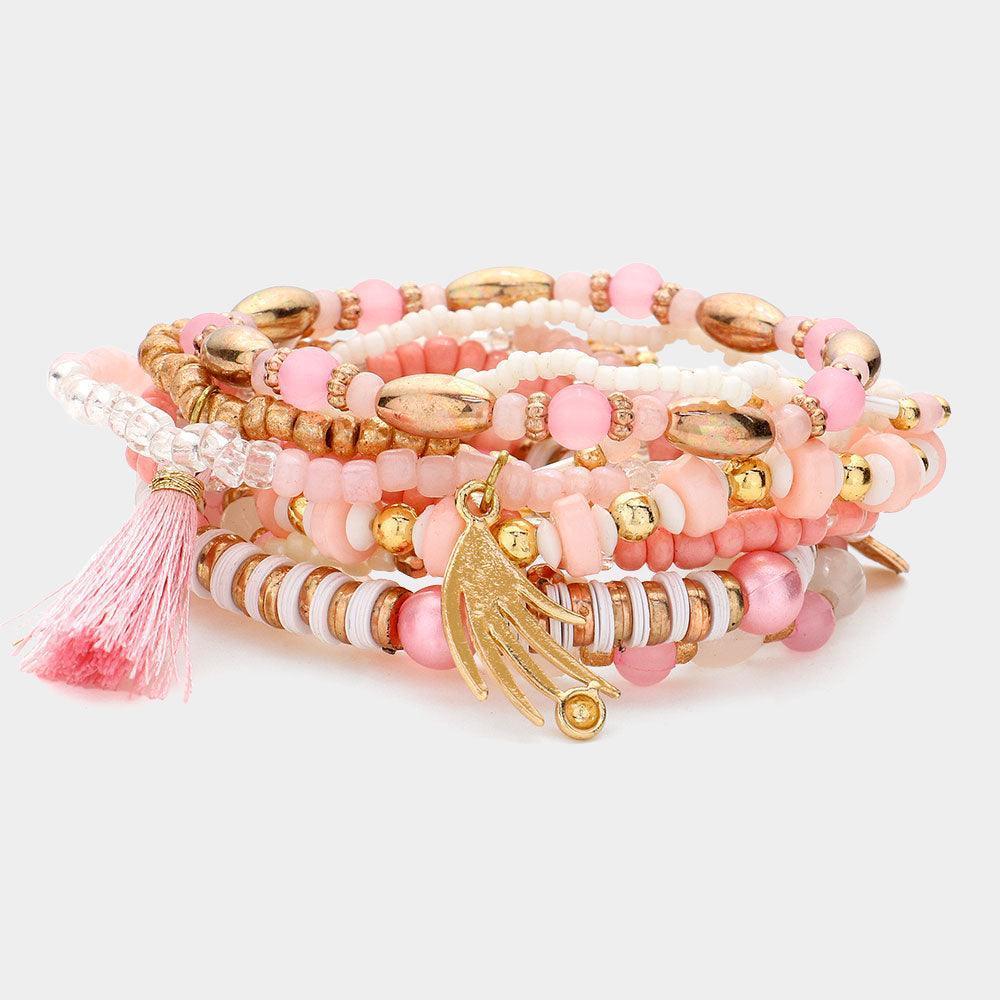 Pink 10PCS - Glass Seed Heishi Beaded Tassel Charm Stretch Layered Bracelets - Jewelry Store by Erik Rayo