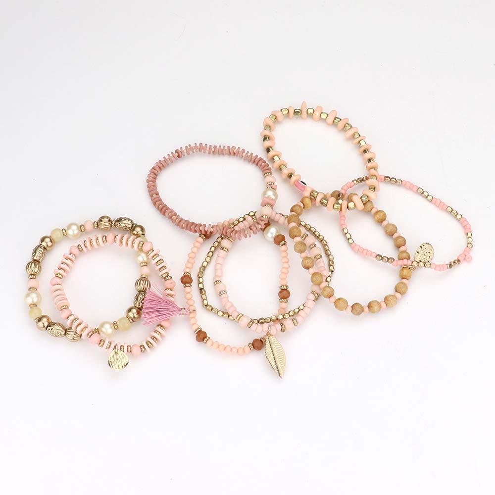Pink 9PCS - Leaf Tassel Charm Multi Beaded Stretch Bracelets - Jewelry Store by Erik Rayo