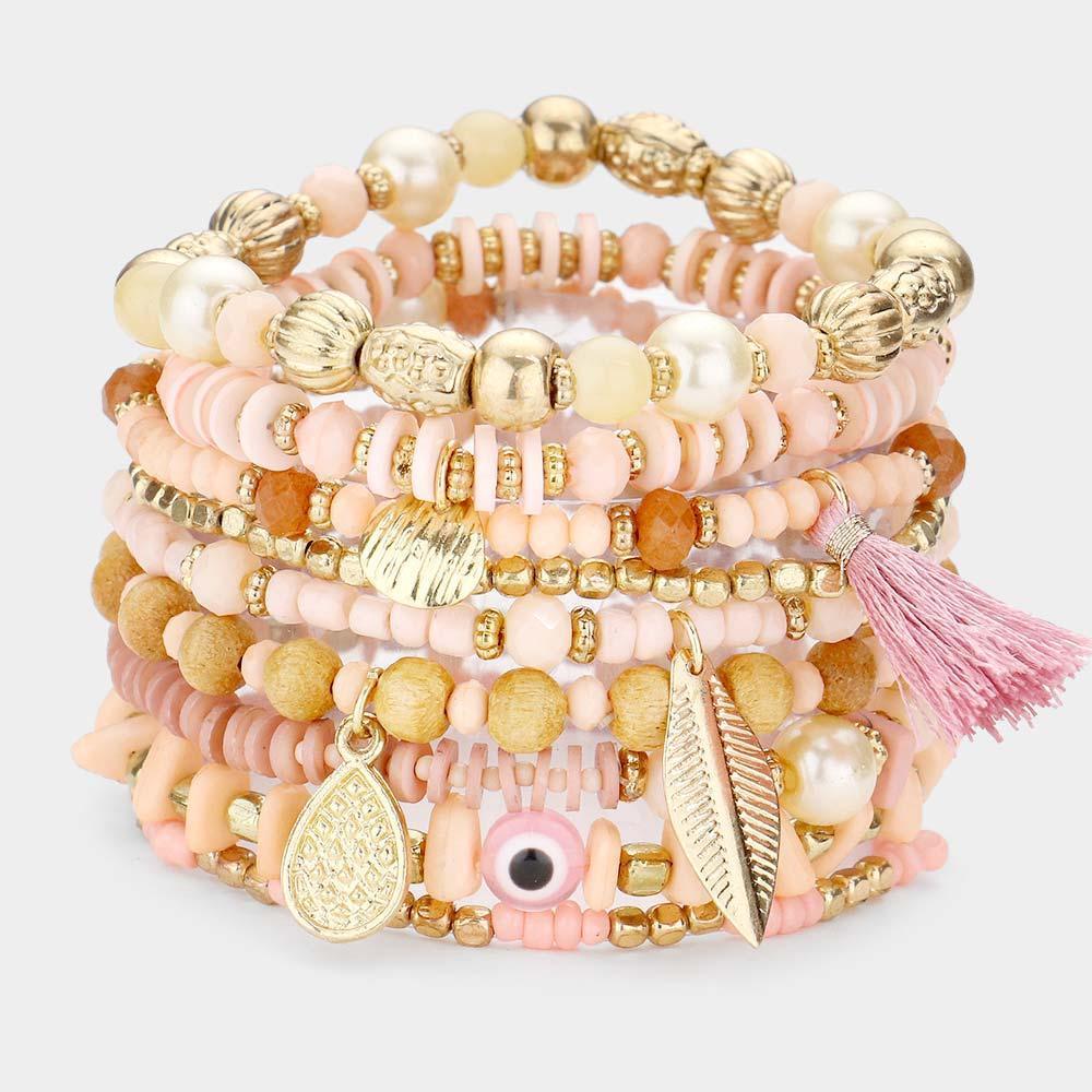 Pink 9PCS - Leaf Tassel Charm Multi Beaded Stretch Bracelets - Jewelry Store by Erik Rayo