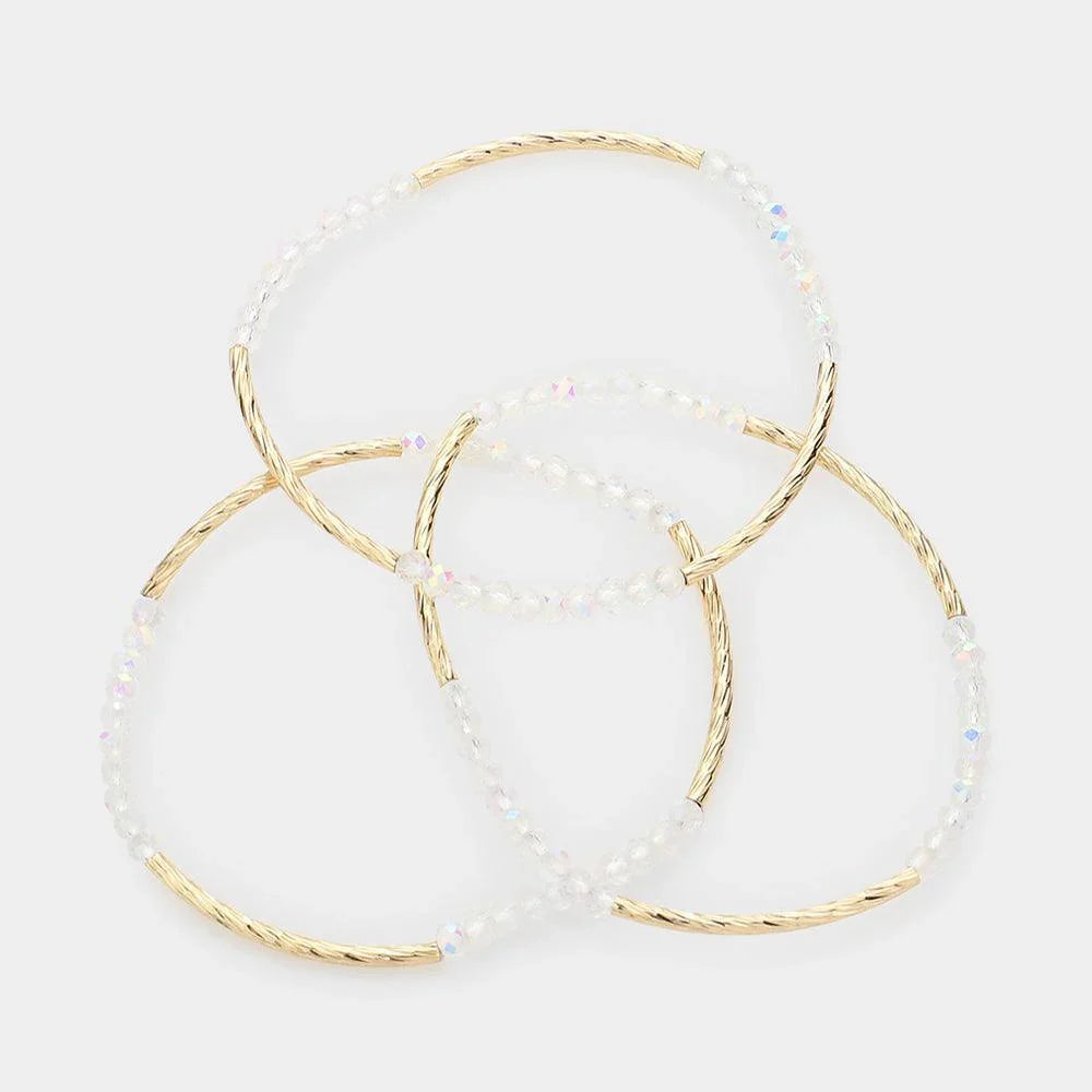 Clear 3PCS - Metal Tube Faceted Beaded Stretch Bracelets - Jewelry Store by Erik Rayo