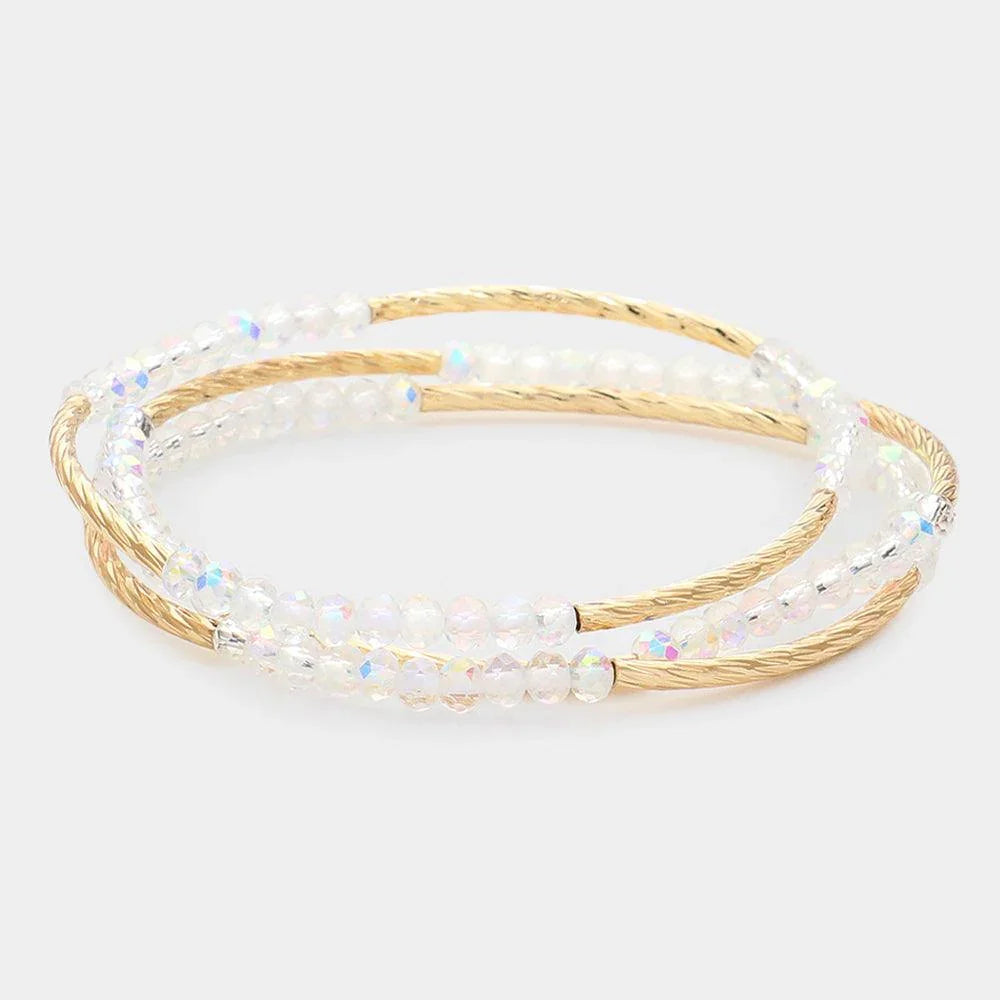 Clear 3PCS - Metal Tube Faceted Beaded Stretch Bracelets - Jewelry Store by Erik Rayo