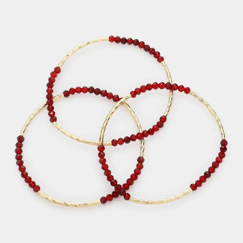 Burgundy 3PCS - Metal Tube Faceted Beaded Stretch Bracelets - Jewelry Store by Erik Rayo