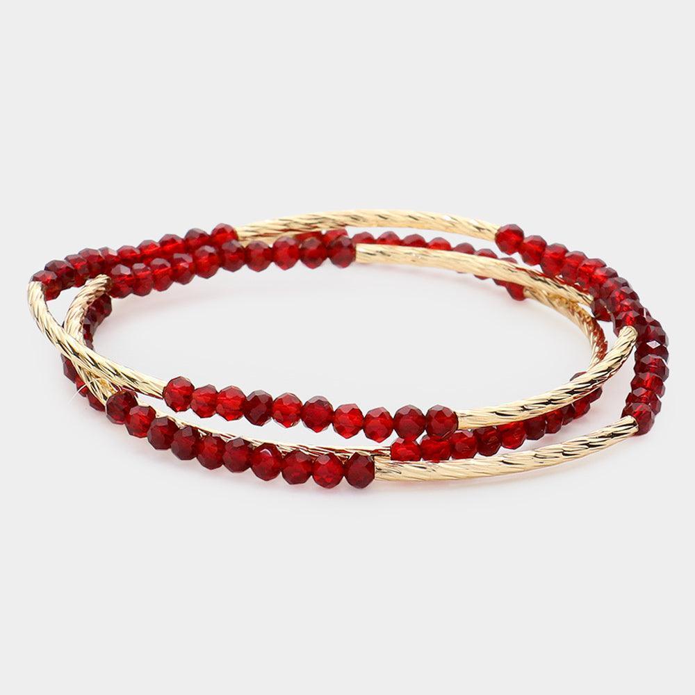 Burgundy 3PCS - Metal Tube Faceted Beaded Stretch Bracelets - Jewelry Store by Erik Rayo