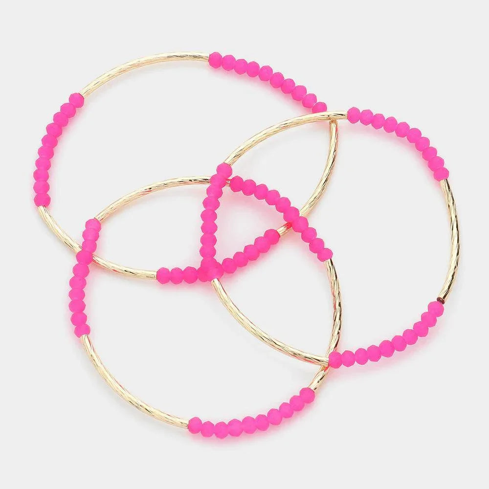 Fuchsia 3PCS - Metal Tube Faceted Beaded Stretch Bracelets - Jewelry Store by Erik Rayo