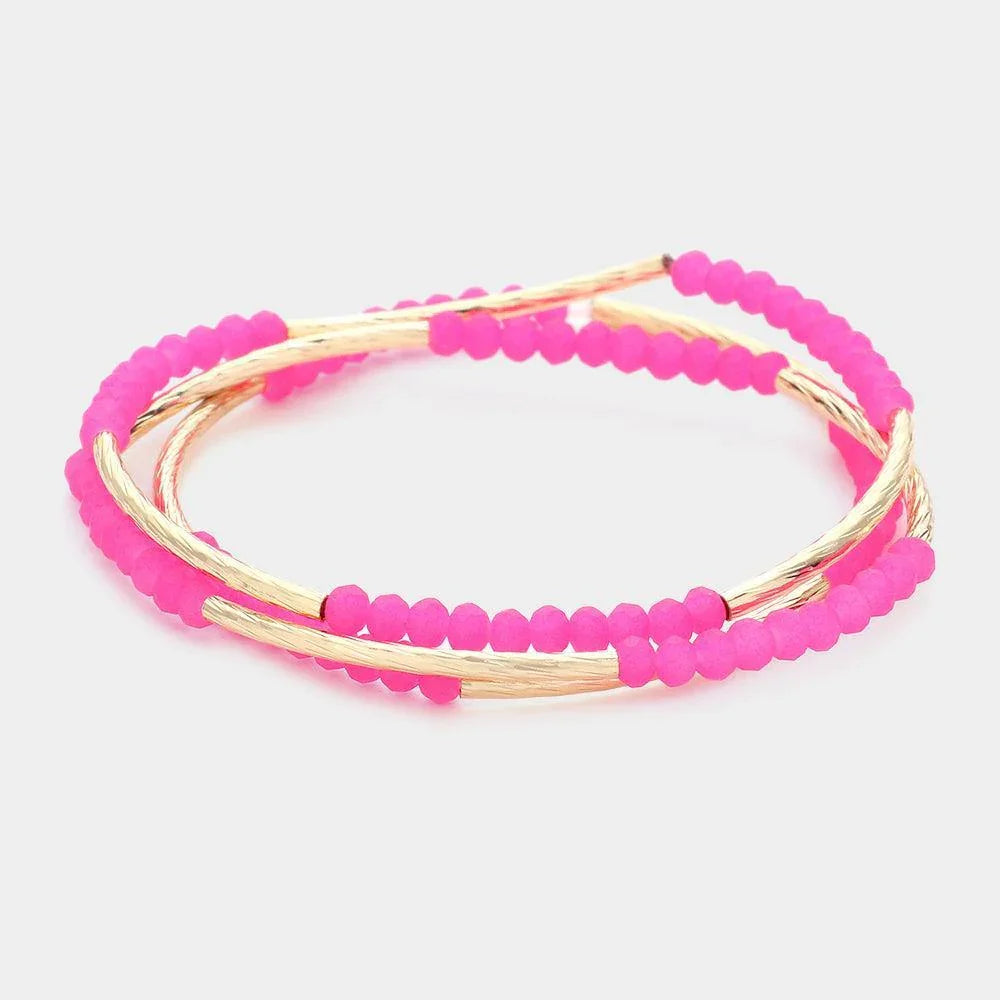 Fuchsia 3PCS - Metal Tube Faceted Beaded Stretch Bracelets - Jewelry Store by Erik Rayo