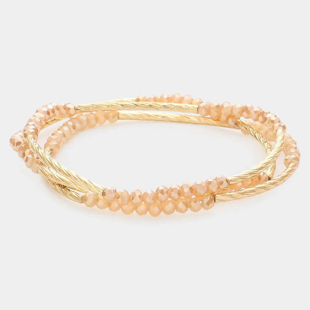 Beige 3PCS - Metal Tube Faceted Beaded Stretch Bracelets - Jewelry Store by Erik Rayo