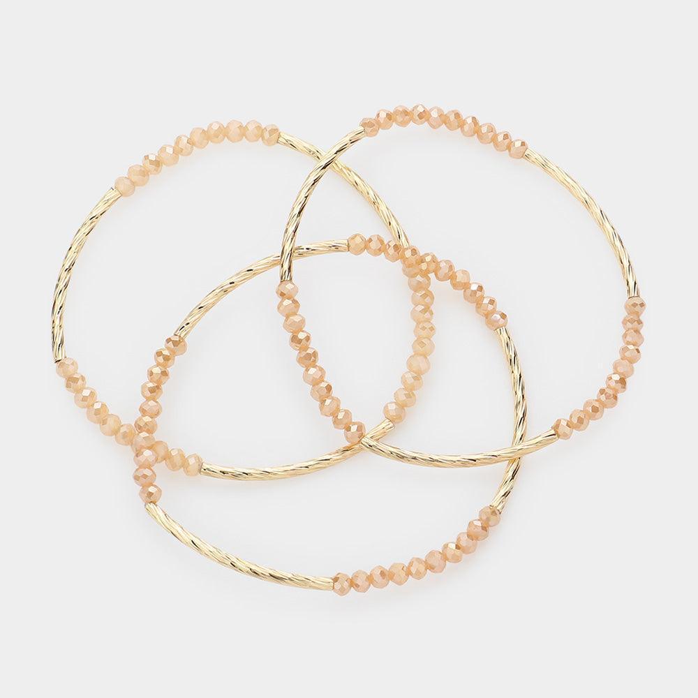Beige 3PCS - Metal Tube Faceted Beaded Stretch Bracelets - Jewelry Store by Erik Rayo