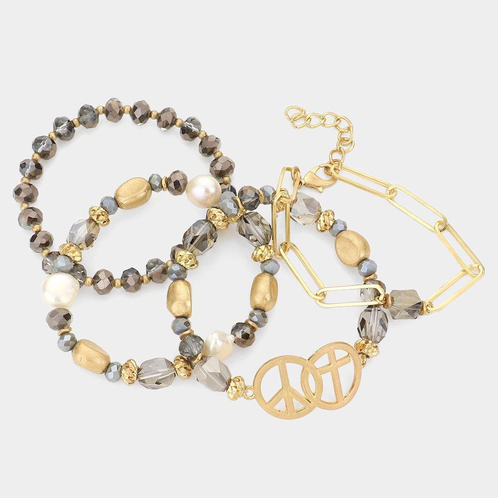 4PCS - Peace Sign Cross Accented Faceted Beaded Bracelets - Jewelry Store by Erik Rayo