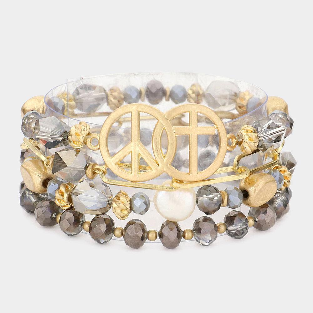 4PCS - Peace Sign Cross Accented Faceted Beaded Bracelets - Jewelry Store by Erik Rayo