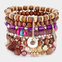 Load image into Gallery viewer, Purple 9PCS  Tassel Metal Feather Mother of Pearl Charm Wood Beaded Stretch Bracelets
