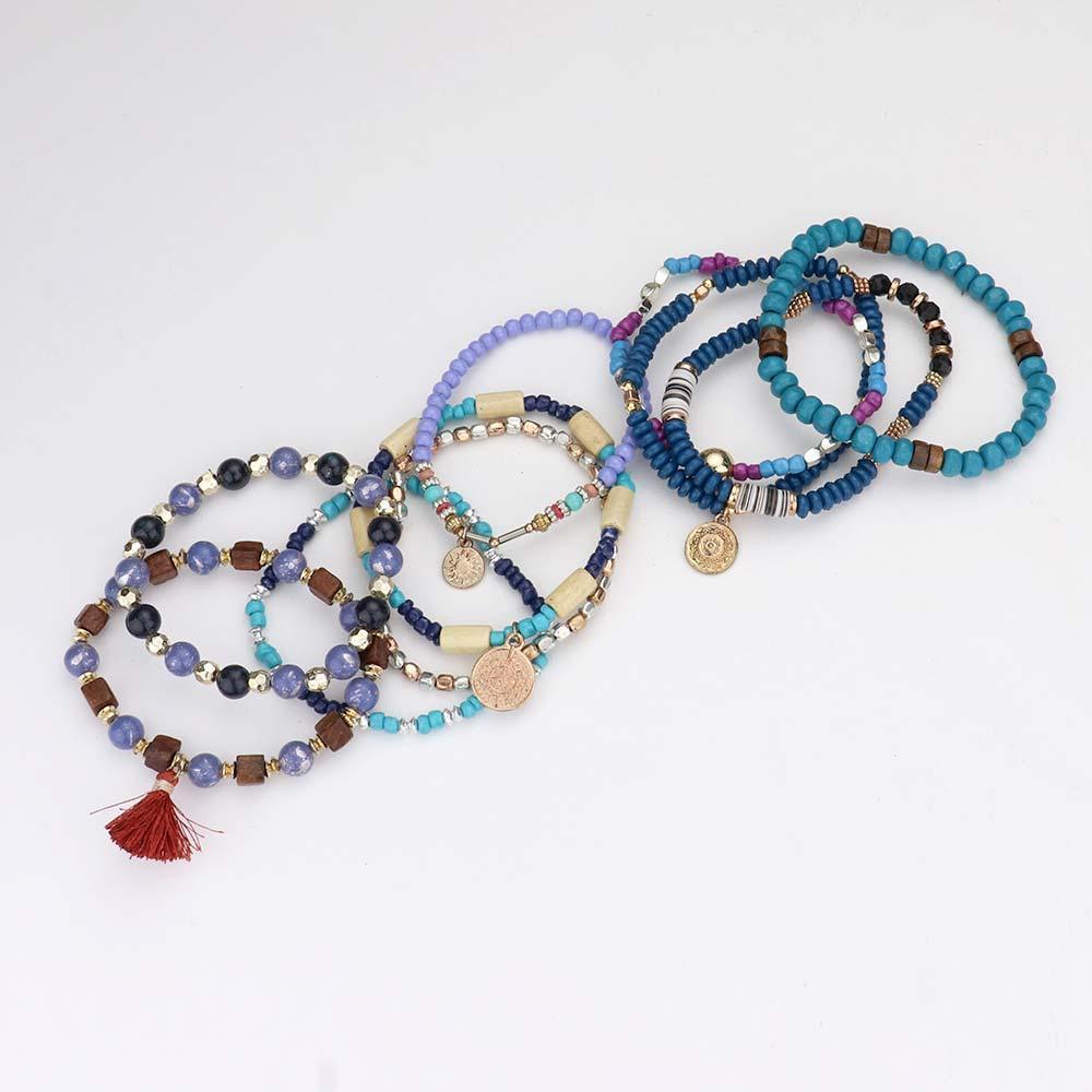 Turquoise 10PCS Sun Coin Tassel Charm Multi Beaded Stretch Bracelets - Jewelry Store by Erik Rayo