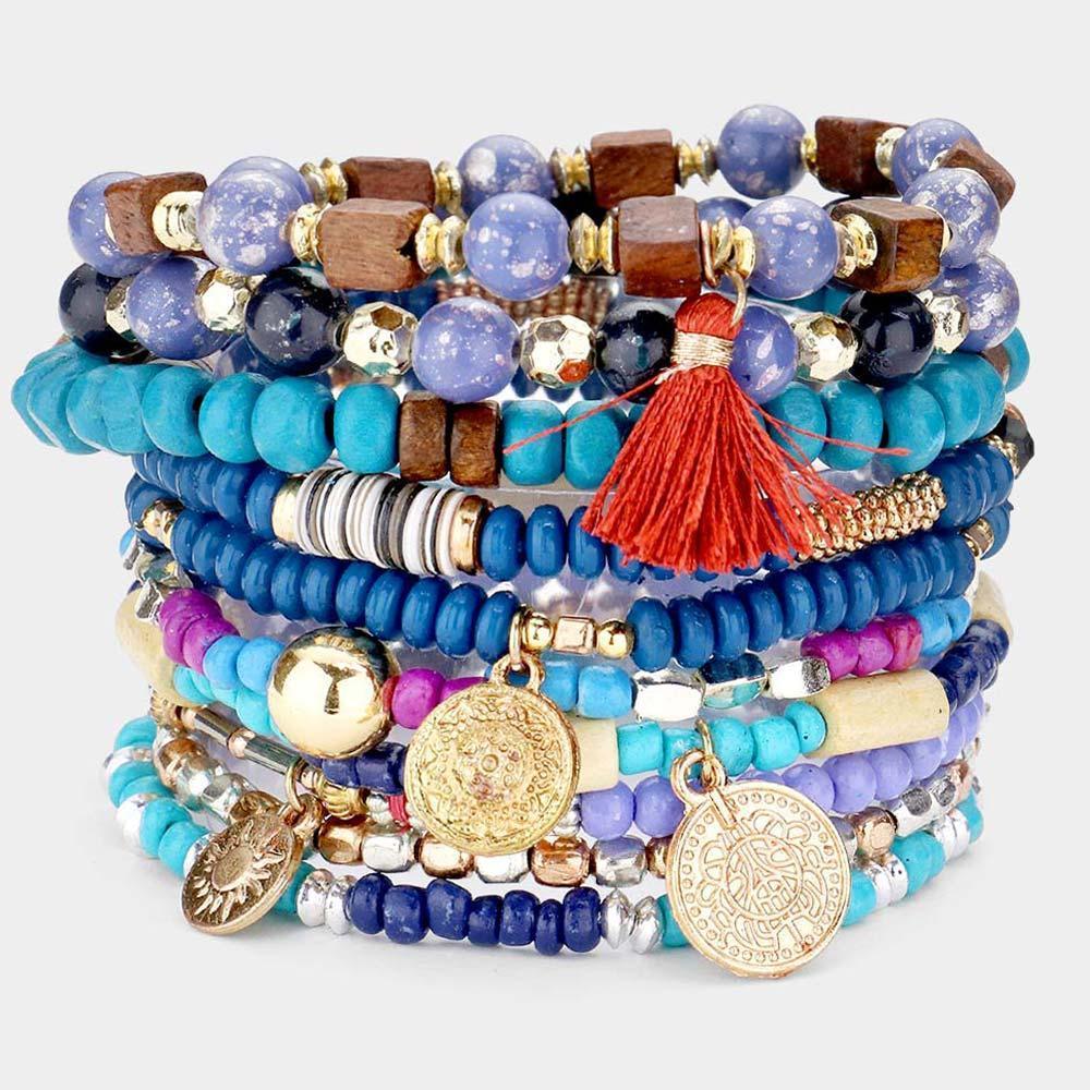 Turquoise 10PCS Sun Coin Tassel Charm Multi Beaded Stretch Bracelets - Jewelry Store by Erik Rayo
