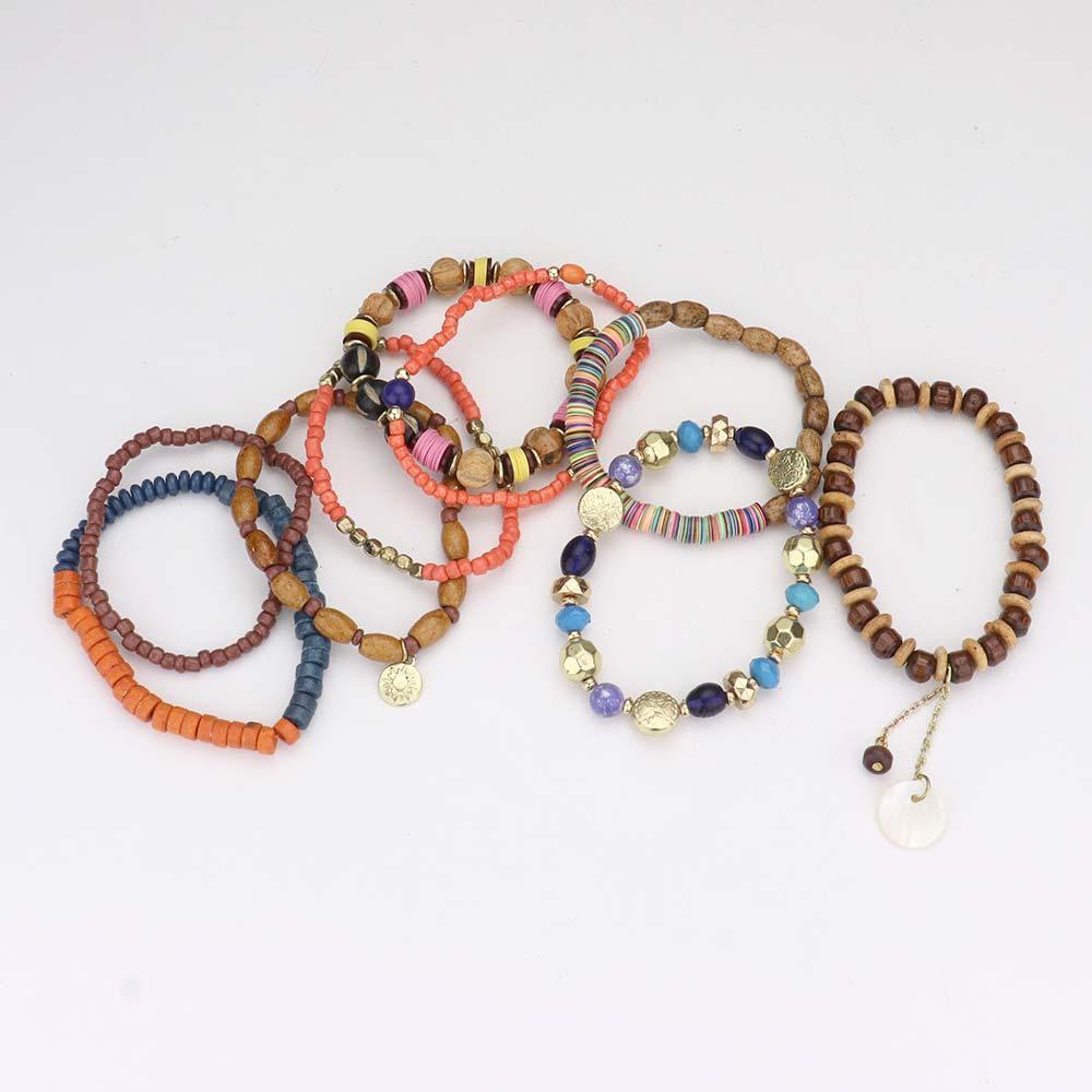 9PCS Mother of Pearl Charm Wood Beaded Stretch Bracelets - Jewelry Store by Erik Rayo