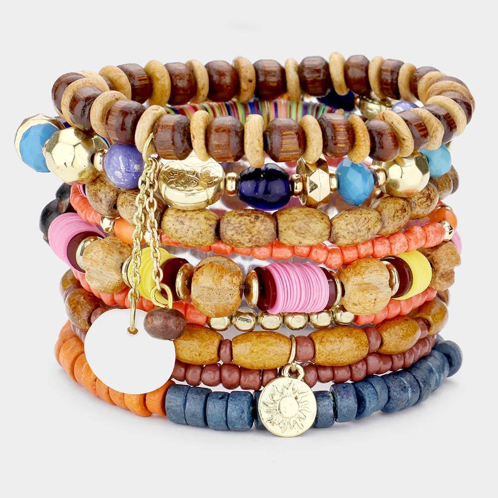 9PCS Mother of Pearl Charm Wood Beaded Stretch Bracelets - Jewelry Store by Erik Rayo