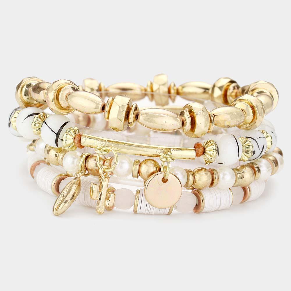 5PCS Puka Shell Cactus Charm Multi Beaded Stretch Bracelets - Jewelry Store by Erik Rayo