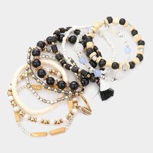 Load image into Gallery viewer, Black 10PCS  Puka Shell Tassel Charm Pearl Wood Heishi Beaded Stretch Bracelets
