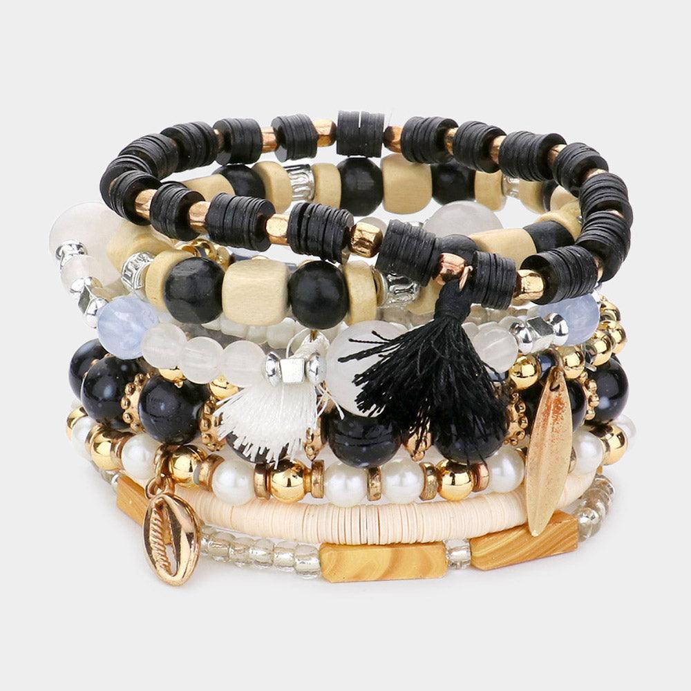 Black 10PCS Puka Shell Tassel Charm Pearl Wood Heishi Beaded Stretch Bracelets - Jewelry Store by Erik Rayo