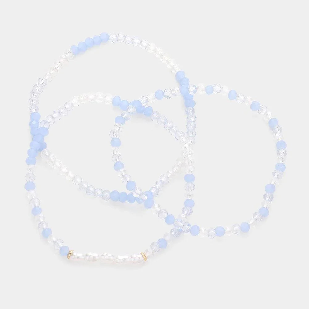 Blue 3PCS - Pearl Faceted Beaded Stretch Bracelets - Jewelry Store by Erik Rayo