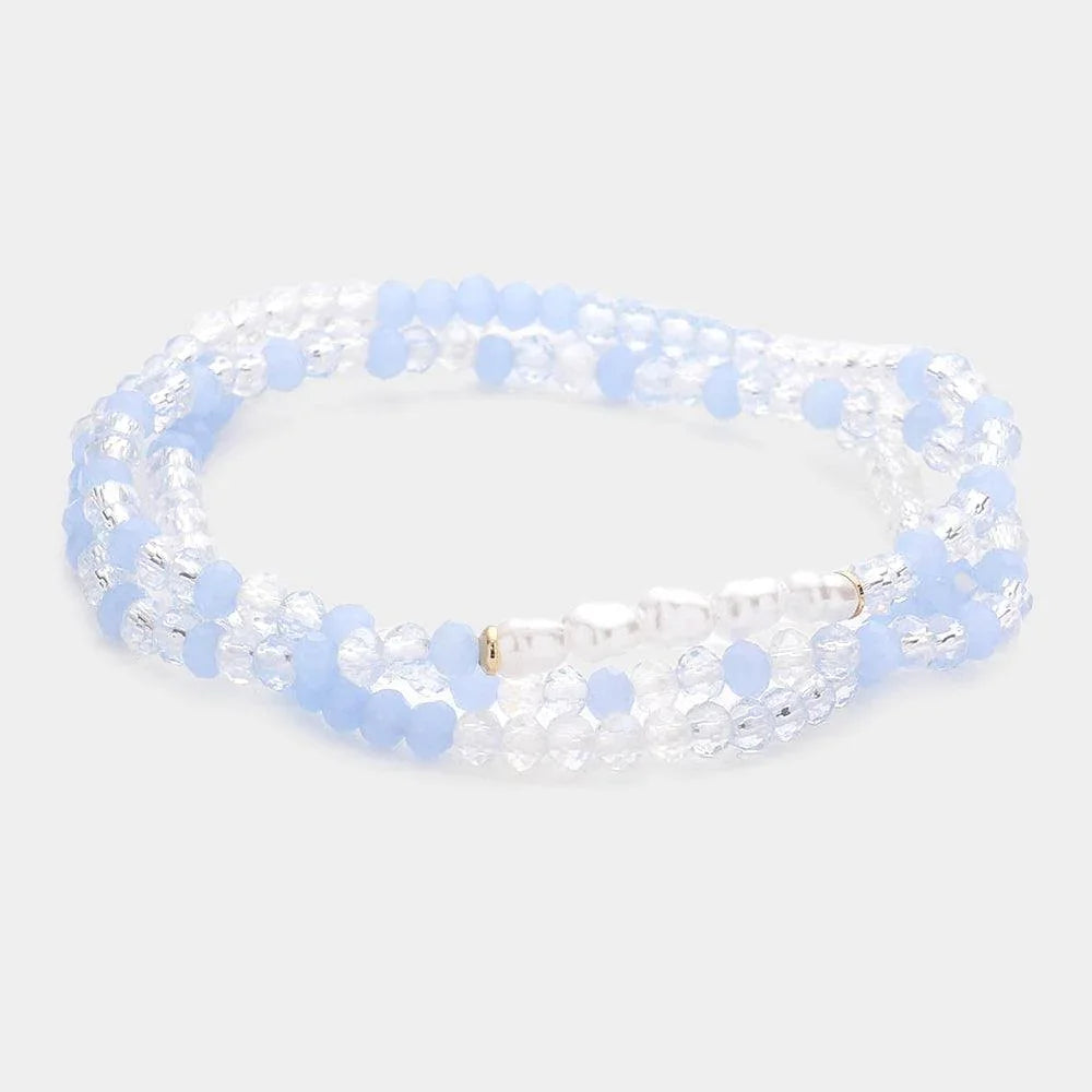 Blue 3PCS - Pearl Faceted Beaded Stretch Bracelets - Jewelry Store by Erik Rayo