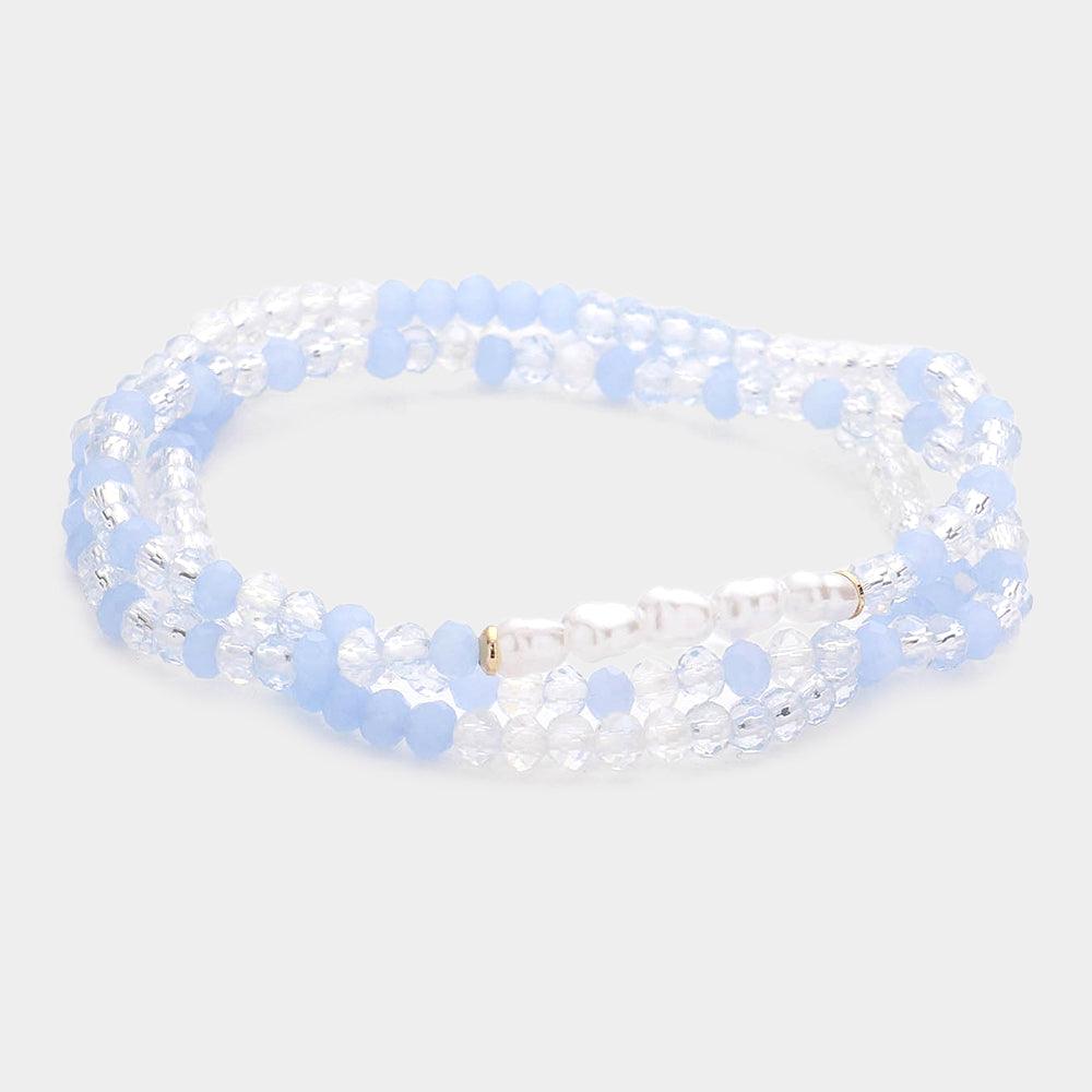 Blue 3PCS - Pearl Faceted Beaded Stretch Bracelets