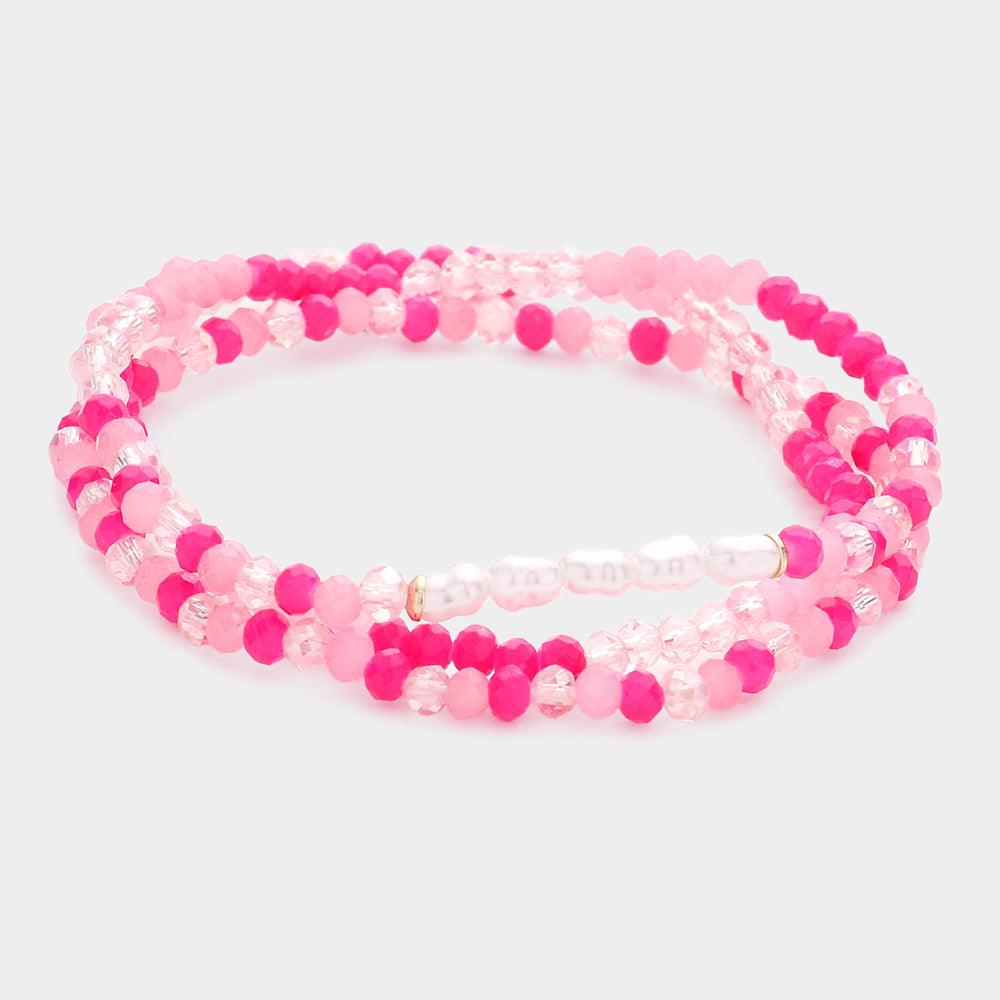 Pink 3PCS - Pearl Faceted Beaded Stretch Bracelets