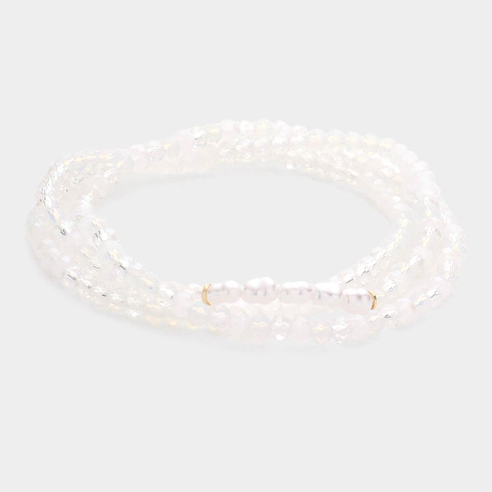 White 3PCS - Pearl Faceted Beaded Stretch Bracelets