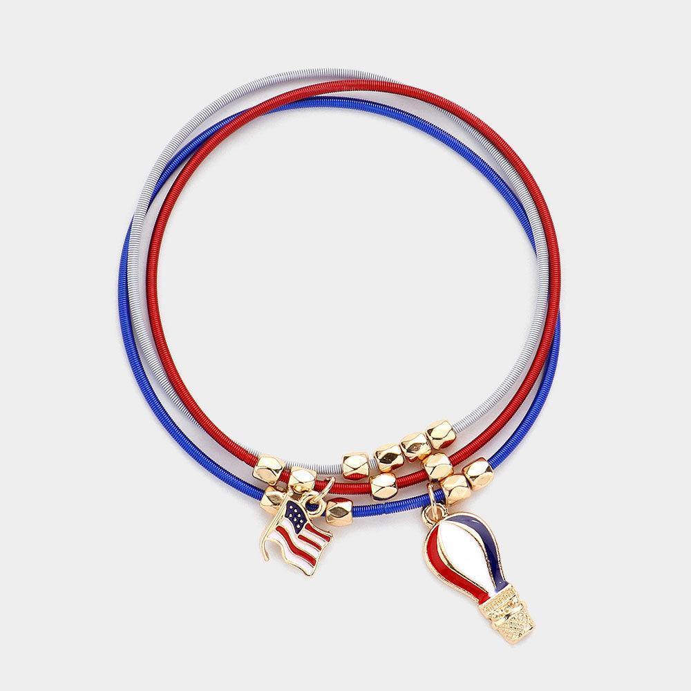 3PCS - American USA Flag Hot Air Balloon Charm Guitar String Stackable Stretch Bracelets - Jewelry Store by Erik Rayo