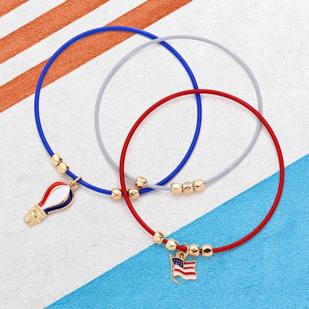 3PCS - American USA Flag Hot Air Balloon Charm Guitar String Stackable Stretch Bracelets - Jewelry Store by Erik Rayo