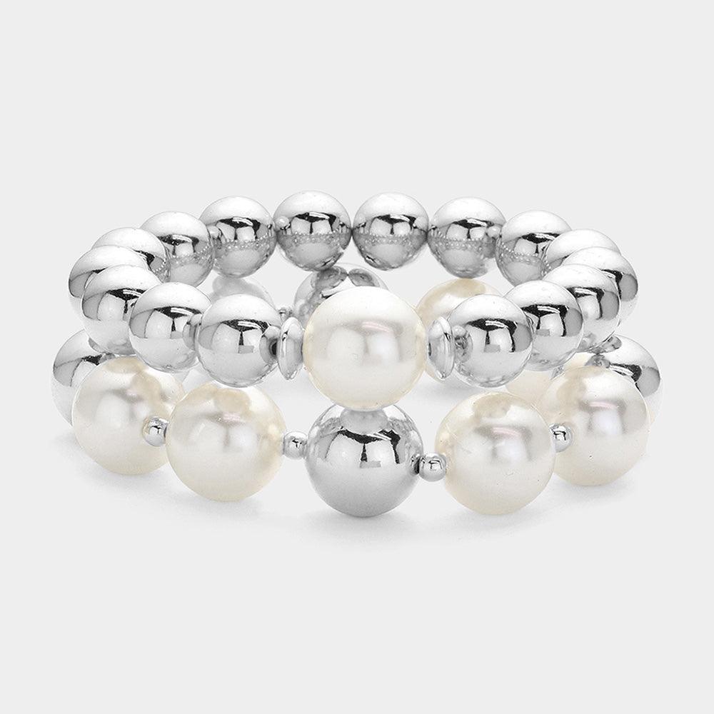 Cream 2PCS - Pearl Pointed Metal Ball Stretch Multi Layered Bracelets