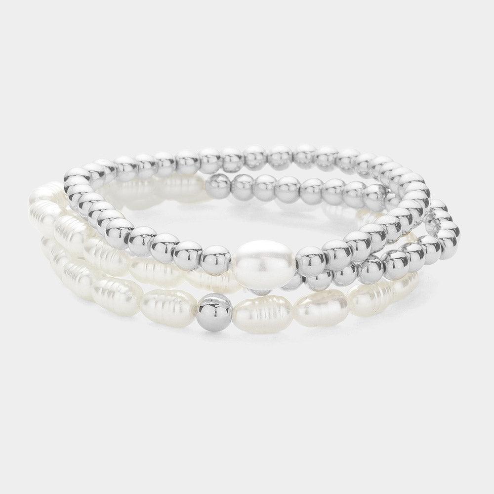Cream 3PCS - Natural Pearl Metal Ball Beaded Stretch Multi Layered Bracelets - Jewelry Store by Erik Rayo