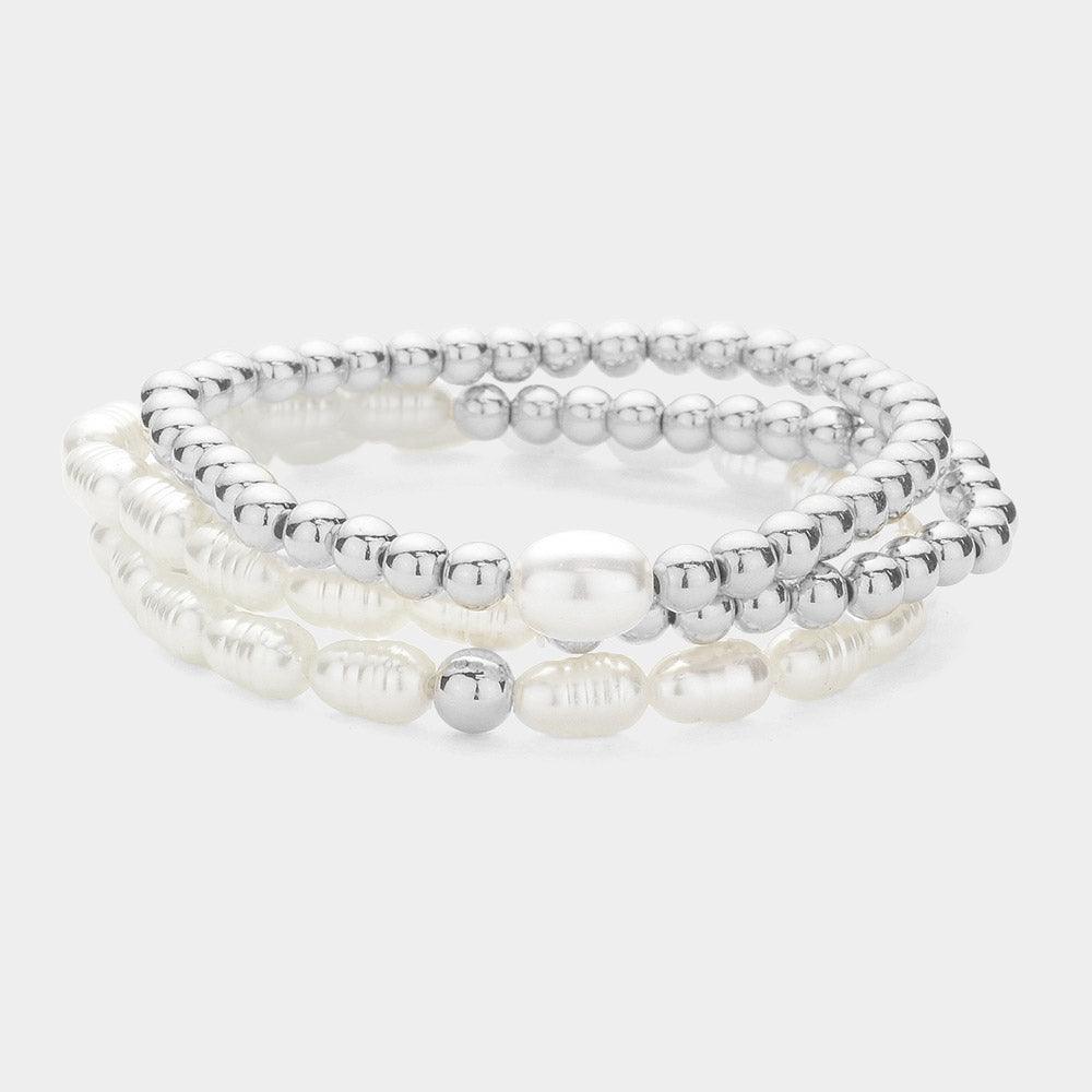 Cream 3PCS - Natural Pearl Metal Ball Beaded Stretch Multi Layered Bracelets