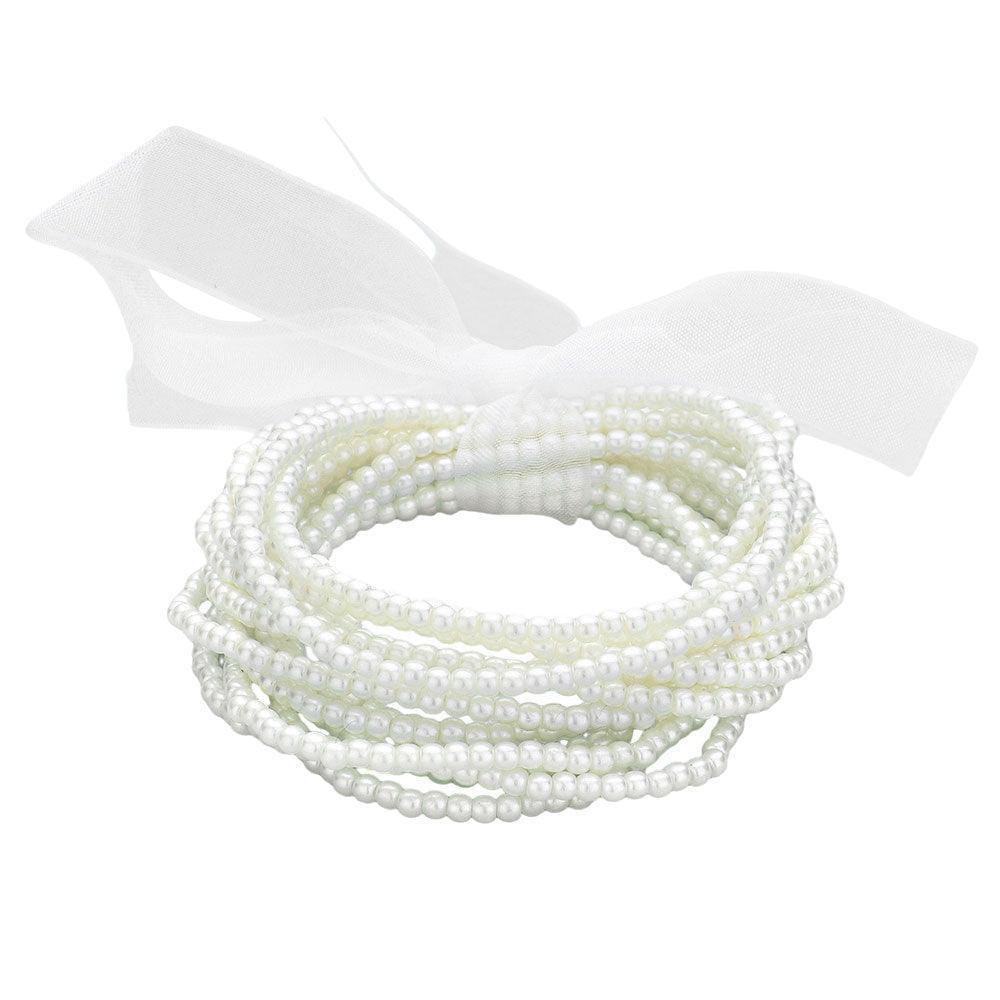 Cream 15PCS - Pearl Beaded Stretch Multi Layered Bracelets - Jewelry Store by Erik Rayo