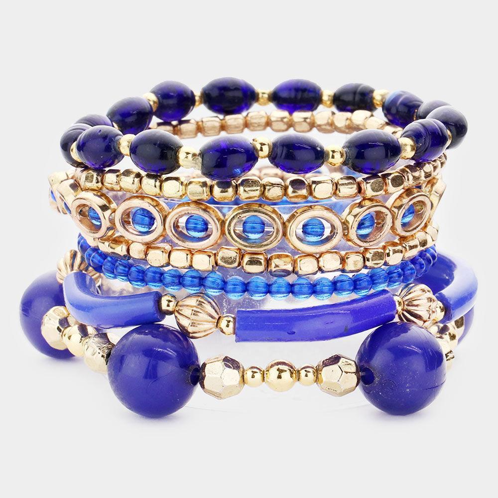 Blue 7PCS Multi Beaded Stretch Bracelets - Jewelry Store by Erik Rayo