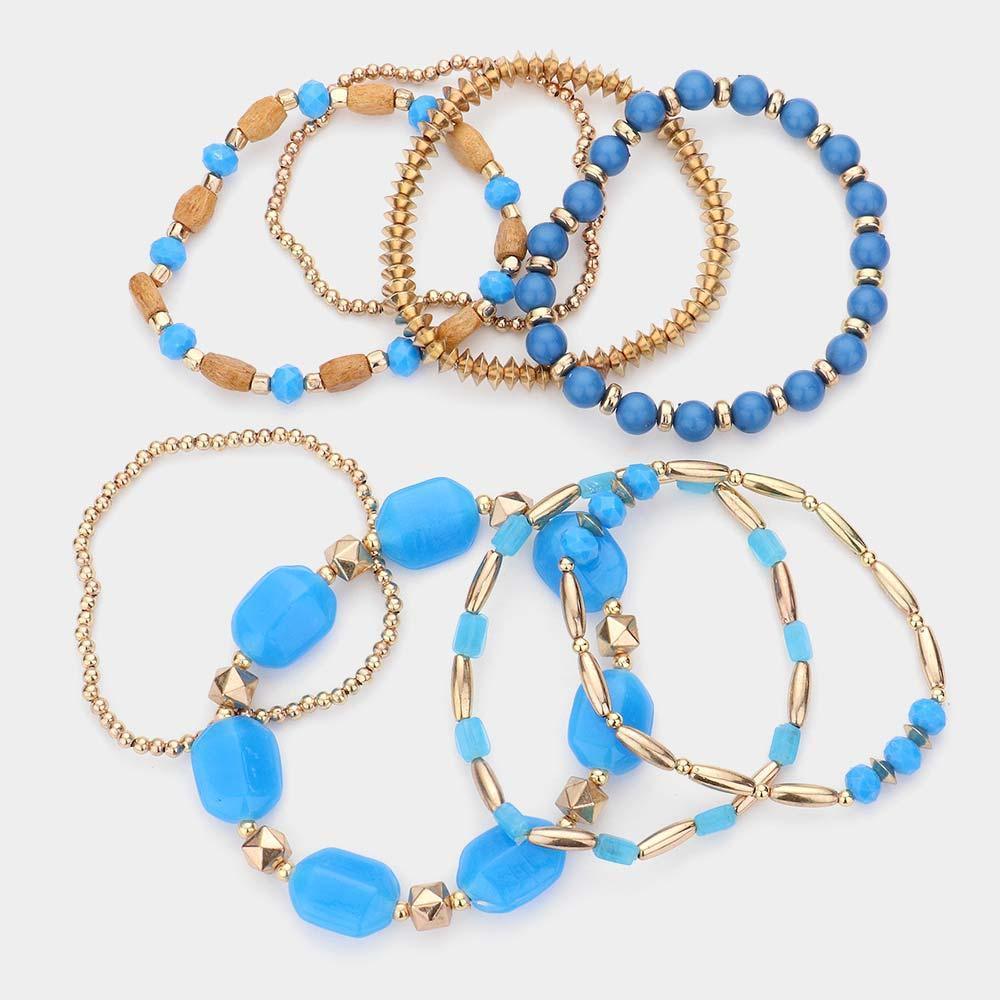 Blue 8PCS Wood Beaded Stretch Bracelets - Jewelry Store by Erik Rayo