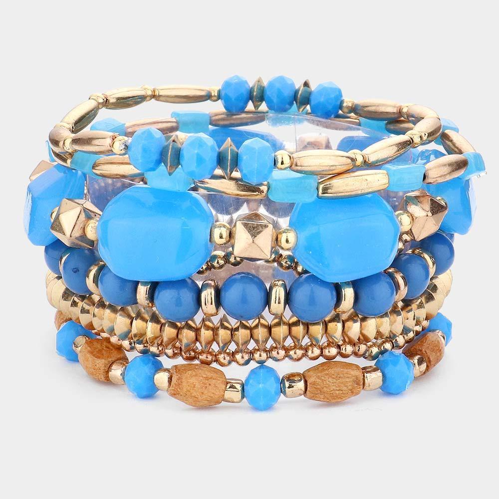 Blue 8PCS Wood Beaded Stretch Bracelets - Jewelry Store by Erik Rayo