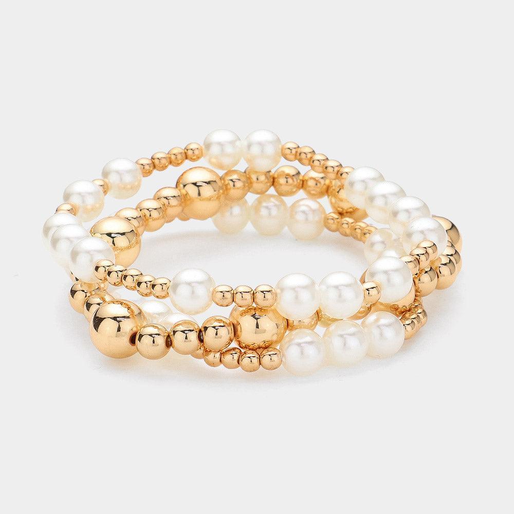 Cream 6PCS - Multi Beaded Stretch Layered Bracelets - Jewelry Store by Erik Rayo
