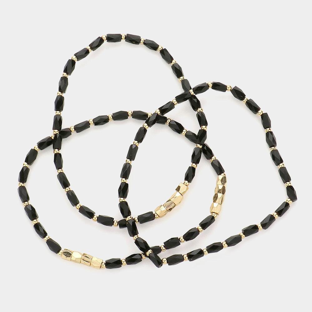 Black 3PCS Faceted Rectangle Beaded Stretch Bracelets - Jewelry Store by Erik Rayo