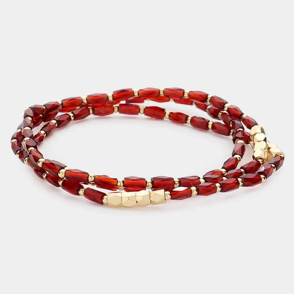 Burgundy 3PCS - Faceted Rectangle Beaded Stretch Bracelets - Jewelry Store by Erik Rayo