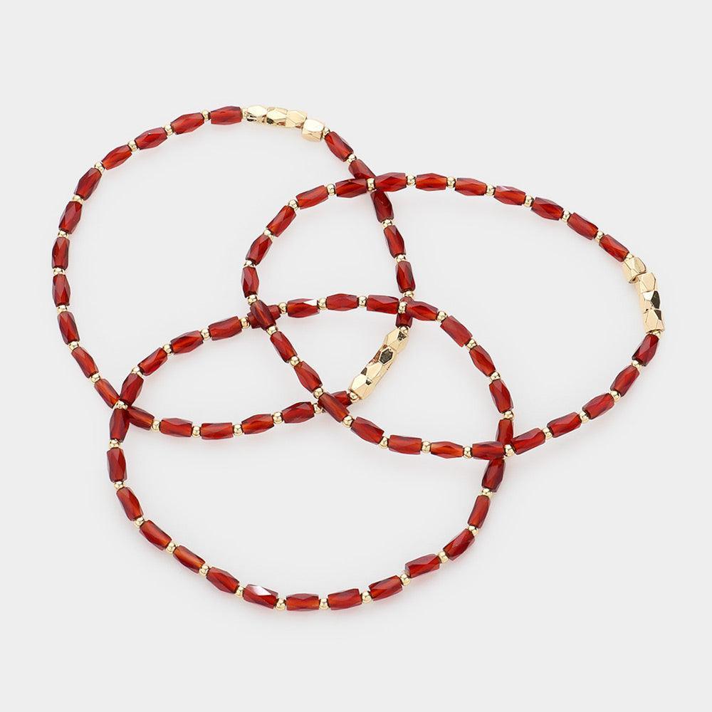 Burgundy 3PCS - Faceted Rectangle Beaded Stretch Bracelets - Jewelry Store by Erik Rayo