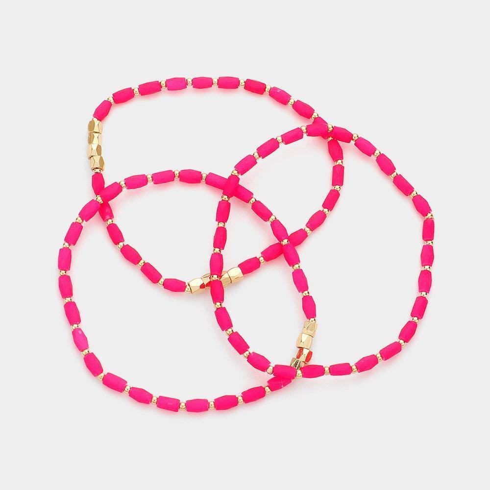 Fuchsia 3PCS - Faceted Rectangle Beaded Stretch Bracelets - Jewelry Store by Erik Rayo