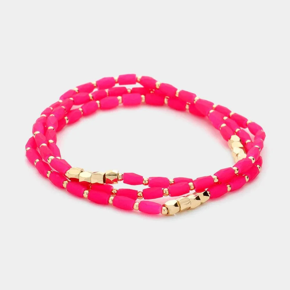 Fuchsia 3PCS - Faceted Rectangle Beaded Stretch Bracelets - Jewelry Store by Erik Rayo