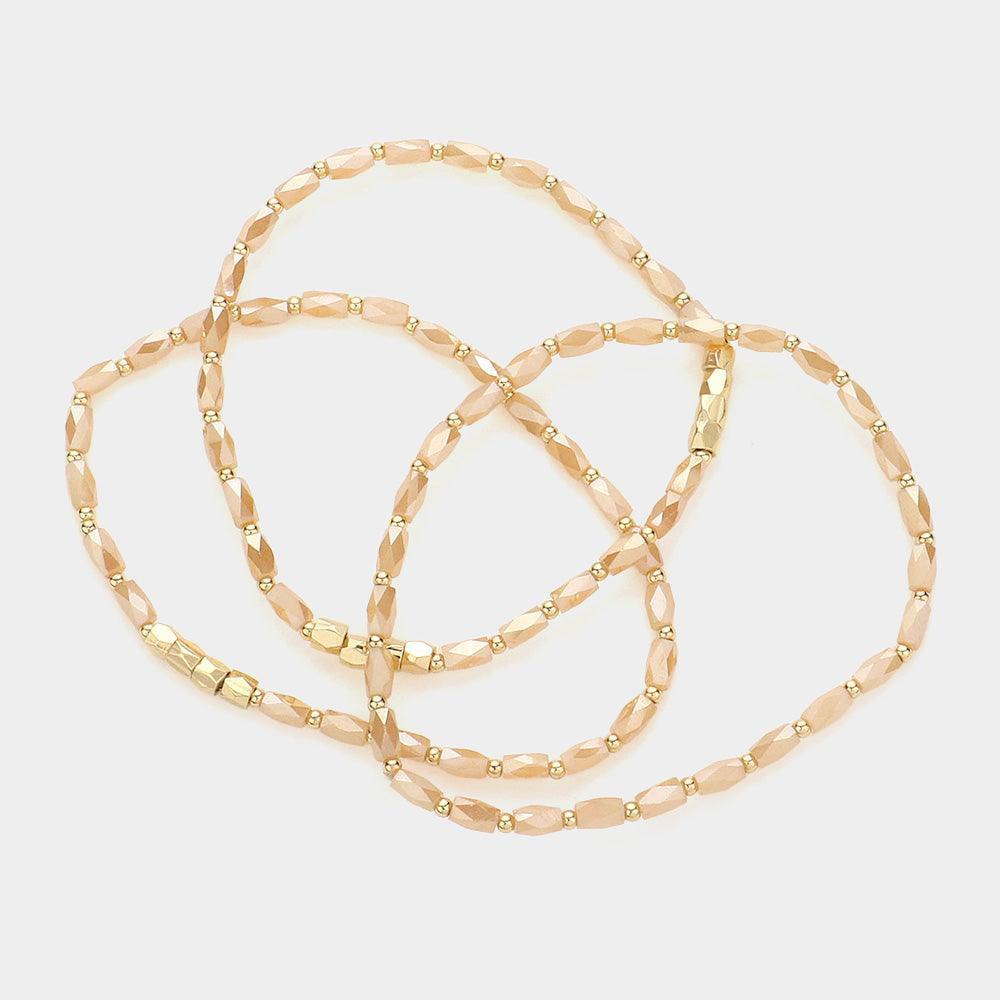Beige 3PCS - Faceted Rectangle Beaded Stretch Bracelets - Jewelry Store by Erik Rayo