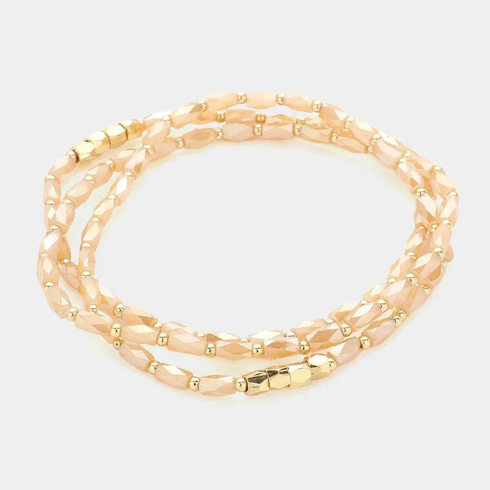 Beige 3PCS - Faceted Rectangle Beaded Stretch Bracelets - Jewelry Store by Erik Rayo
