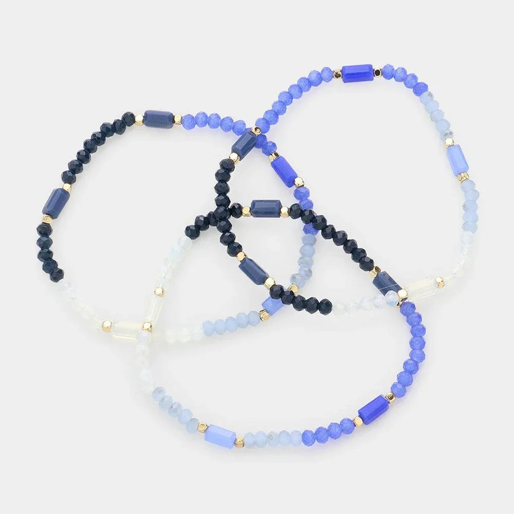 Blue 3PCS - Faceted Rectangle Beaded Stretch Bracelets - Jewelry Store by Erik Rayo