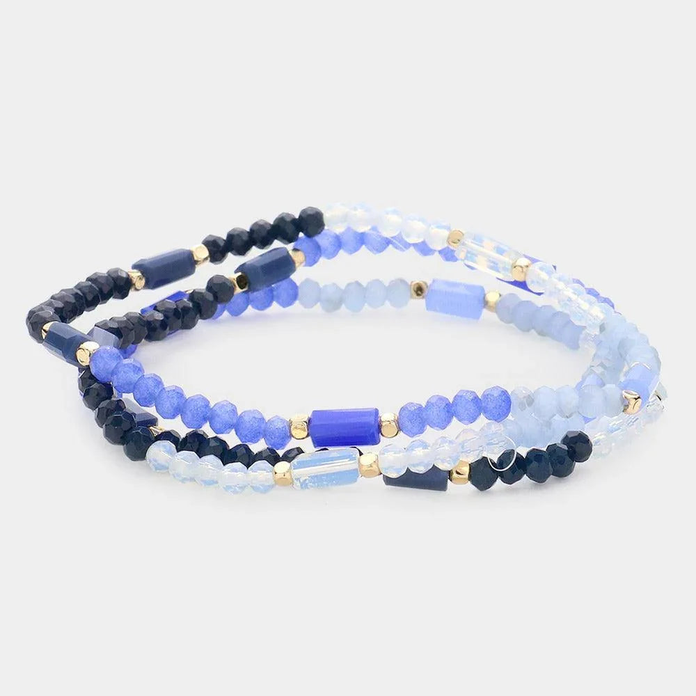 Blue 3PCS - Faceted Rectangle Beaded Stretch Bracelets - Jewelry Store by Erik Rayo